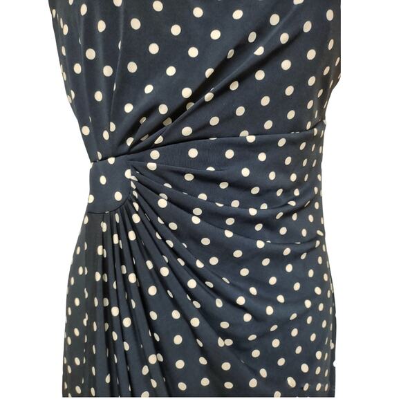 CONNECTED Petite Navy Polka Dot Dress Size 12 Cap Sleeves Stretch Knit Pleated - Picture 3 of 11